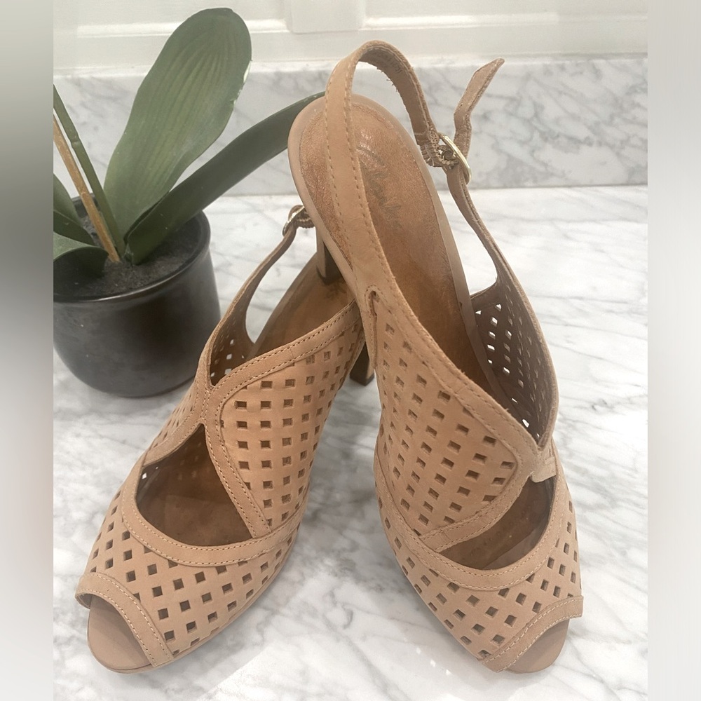 Clarks Tan Perforated Slingback Heels